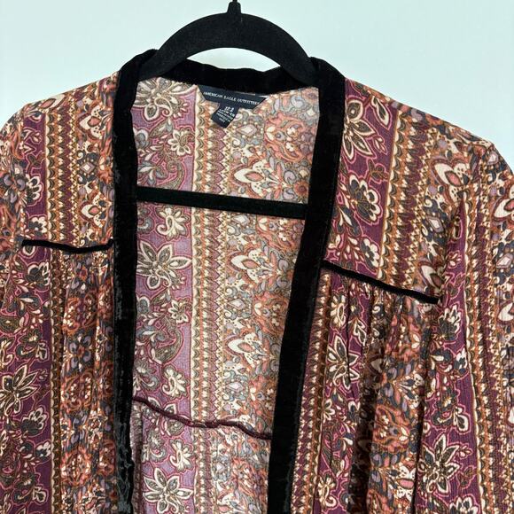 Boho American Eagle Burgundy Whimsigoth Velvet Trim Flowy Oversized Cardigan XS - Picture 5 of 9